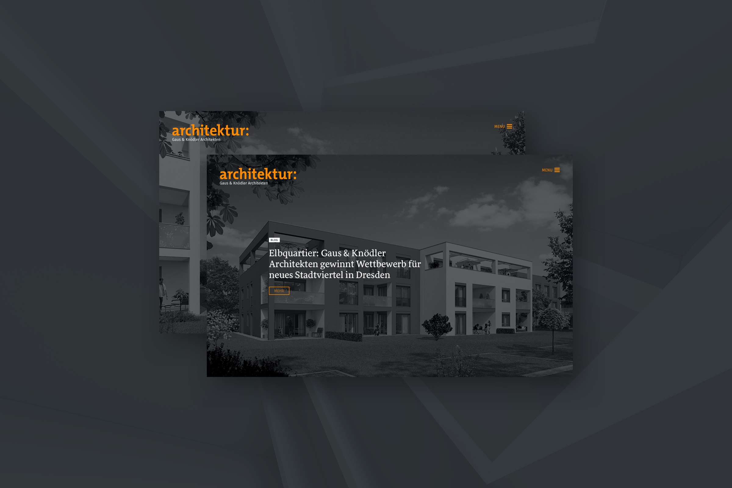 Website von Gaus Architekten mit Gebäuderendering und News zum Wettbewerbsgewinn „Elbquartier“