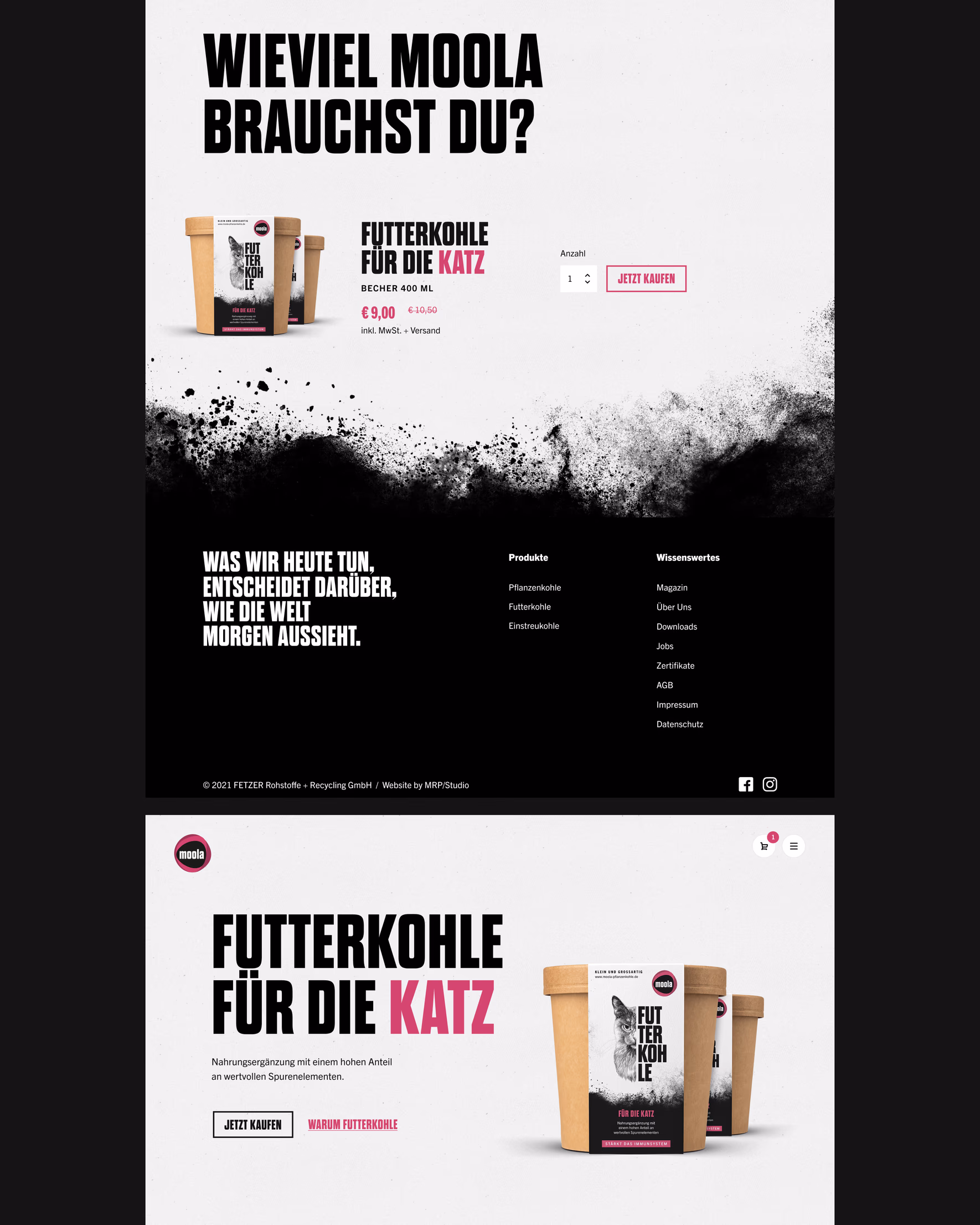 Moola-Website: Shop-Seite „Wieviel Moola brauchst du?“ mit Futterkohle-Produktübersicht und Kauf-Button