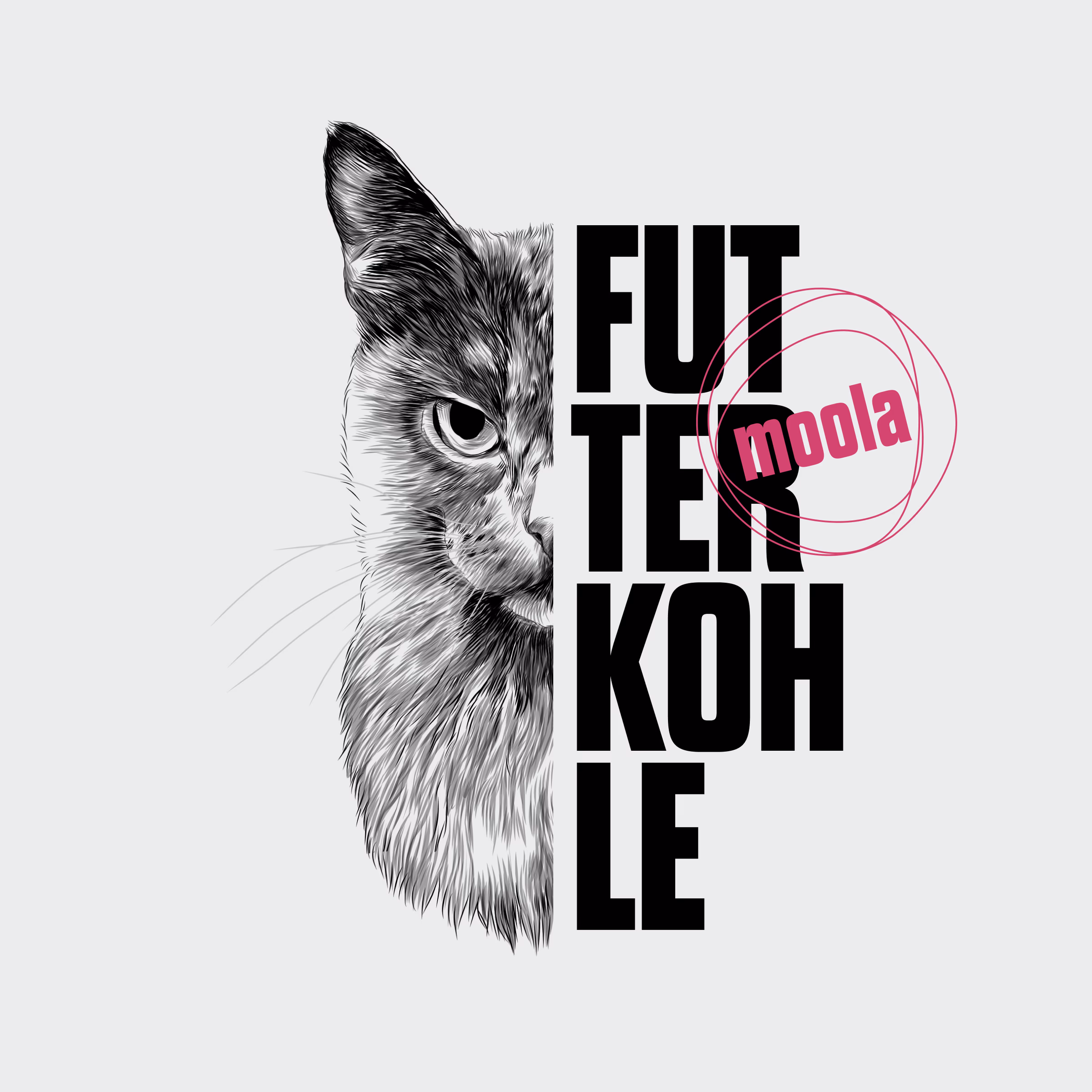 Moola Key Visual – Katzen-Illustration im Engraving-Stil kombiniert mit Futterkohle-Typografie und Moola-Logo