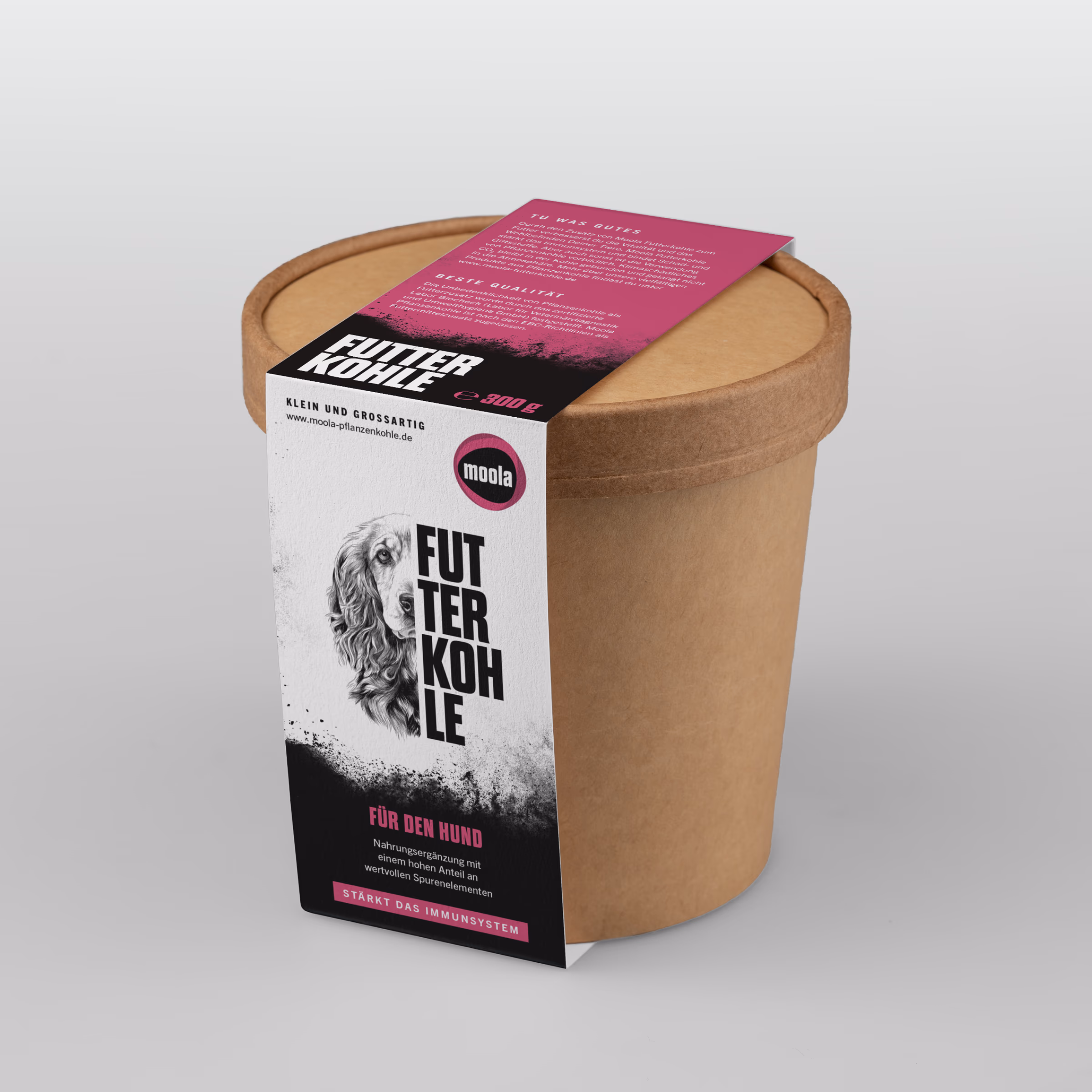 Moola Futterkohle für den Hund – Packaging-Design, 300g Papier-Becher mit Marken-Etikett