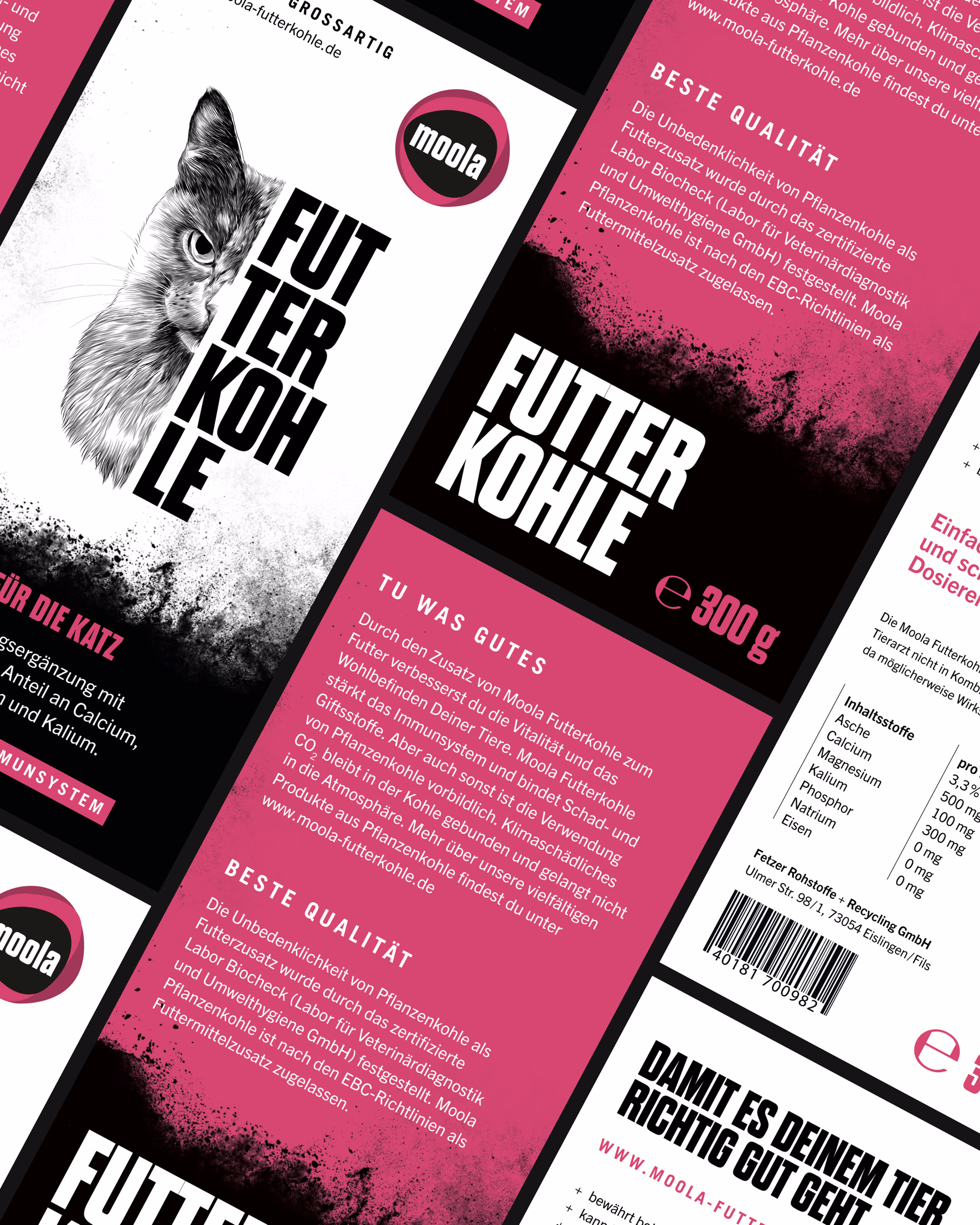 Moola Futterkohle-Etiketten für die Katze – Vorder- und Rückseite des Packaging-Designs ausgebreitet