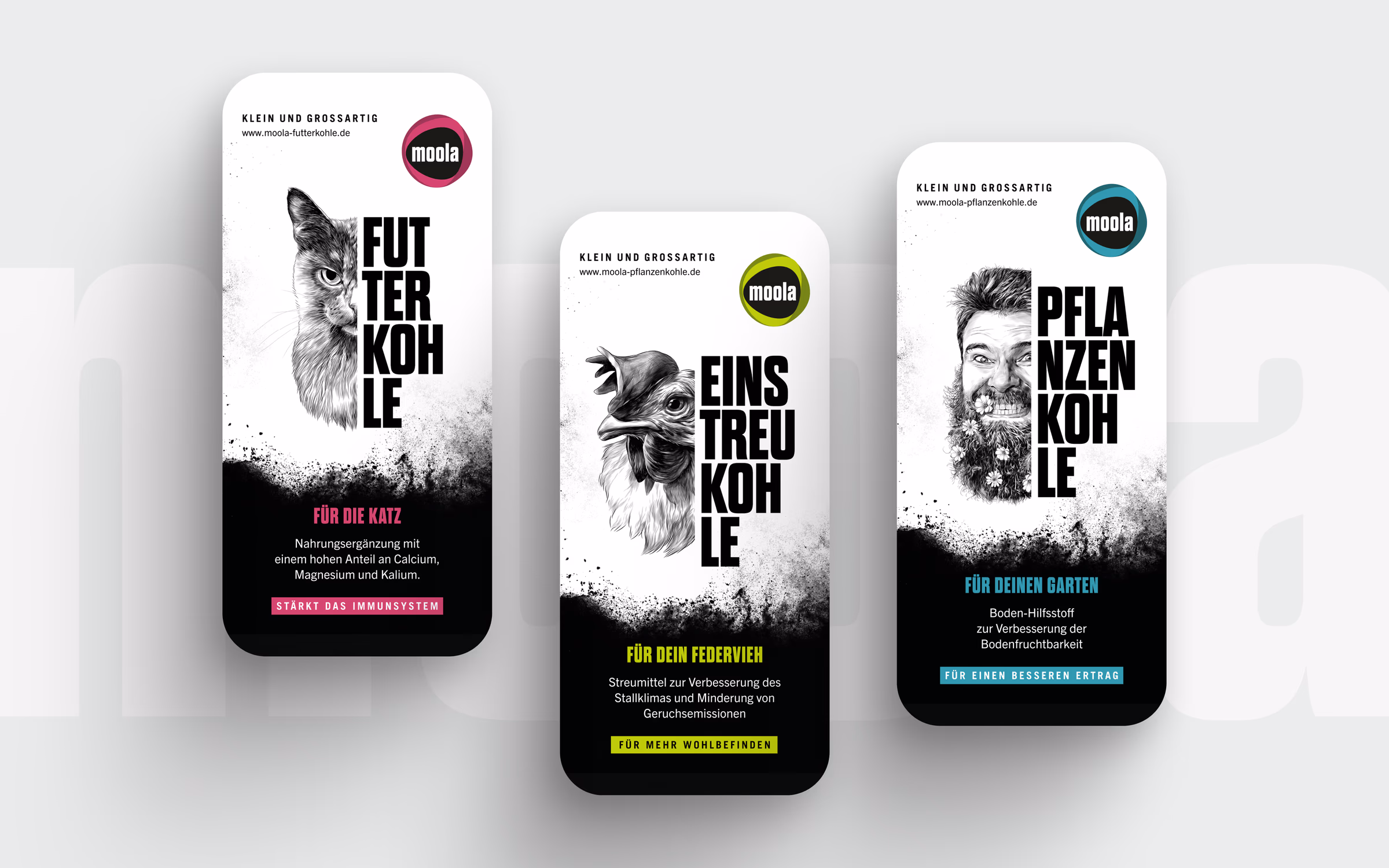 Drei Smartphone-Ansichten der Moola-Website: Produktseiten Futterkohle, Einstreukohle und Pflanzenkohle