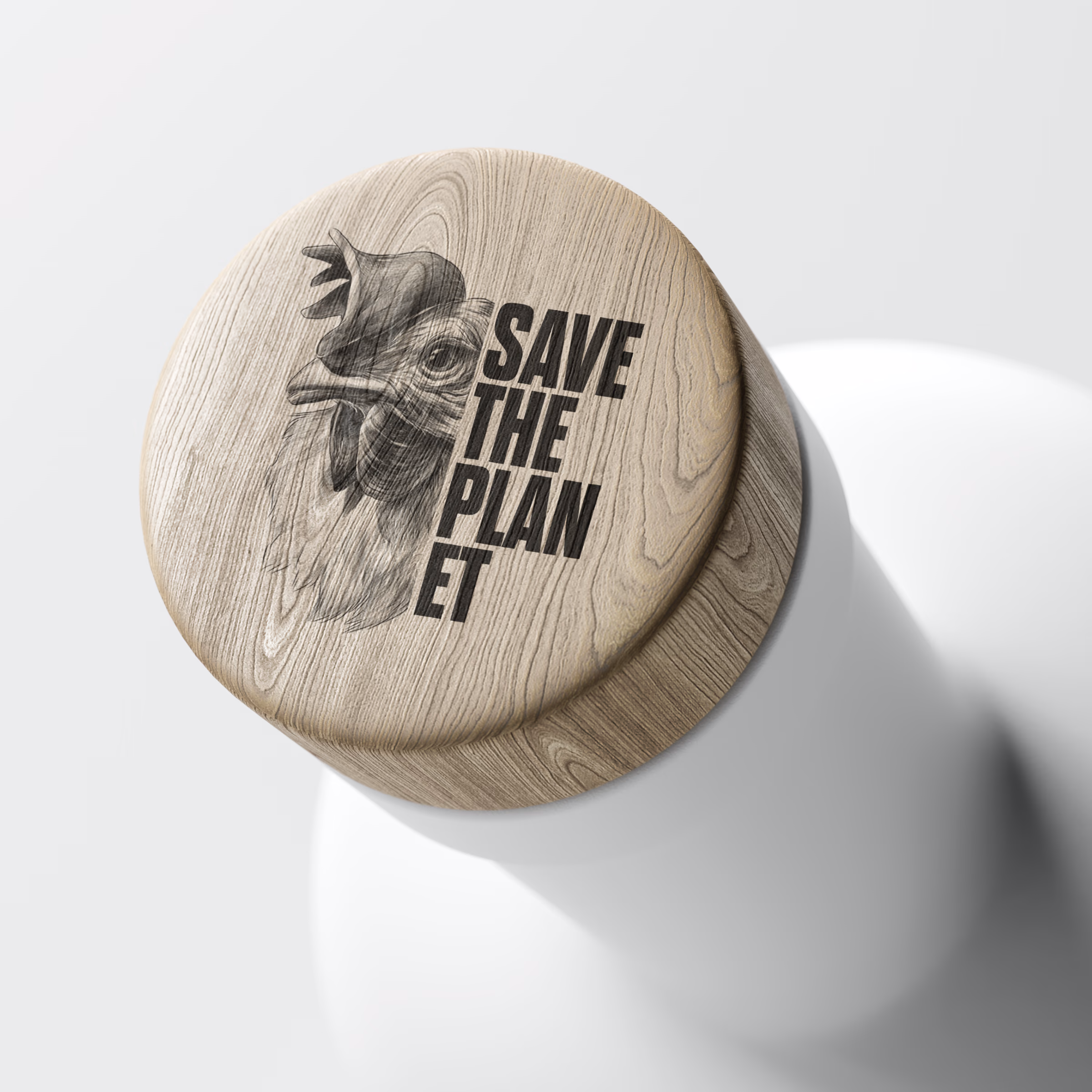 Moola-Holzdeckel mit Hühner-Illustration und „Save the Planet“-Prägung, Draufsicht