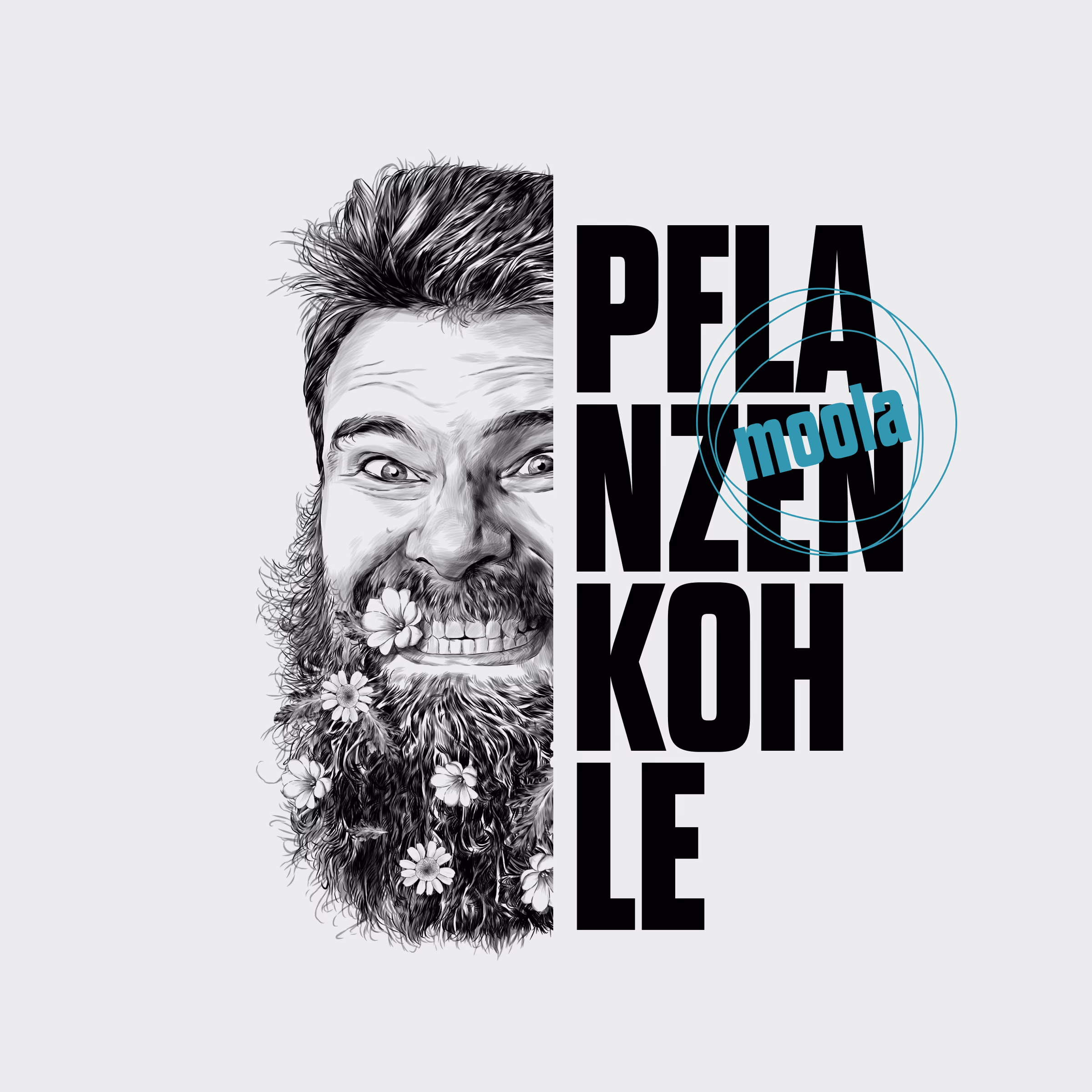 Moola Key Visual – Illustration eines bärtigen Mannes mit Blumen im Bart und Pflanzenkohle-Typografie