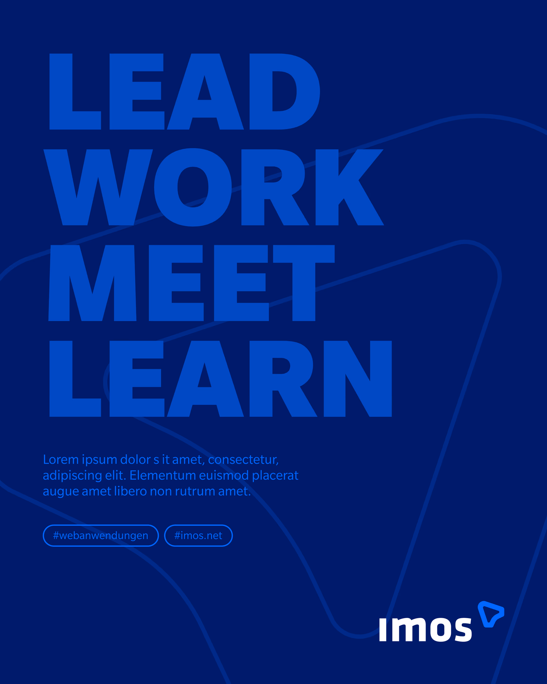 Werbegrafik von imos mit den Begriffen „Lead, Work, Meet, Learn”