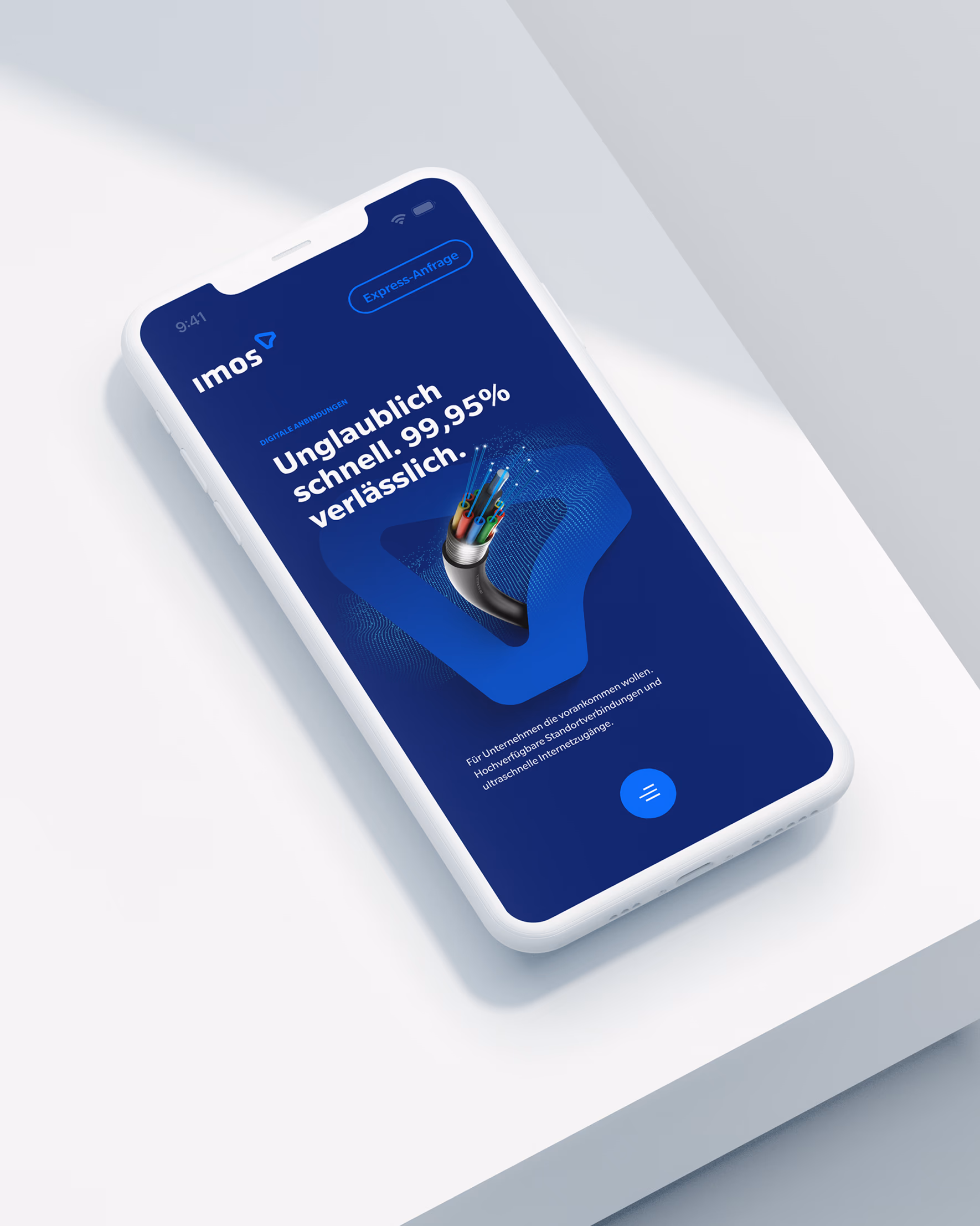 Smartphone zeigt die imos-Website mit dem Hinweis „Unglaublich schnell, 99,95% verlässlich”