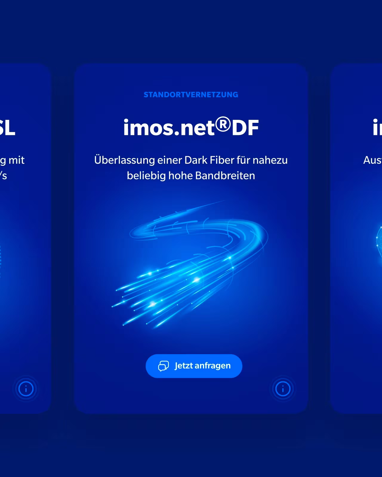 Smartphone-Ansichten der imos.net-Produkte, mittig „imos.net DF – Dark Fiber”
