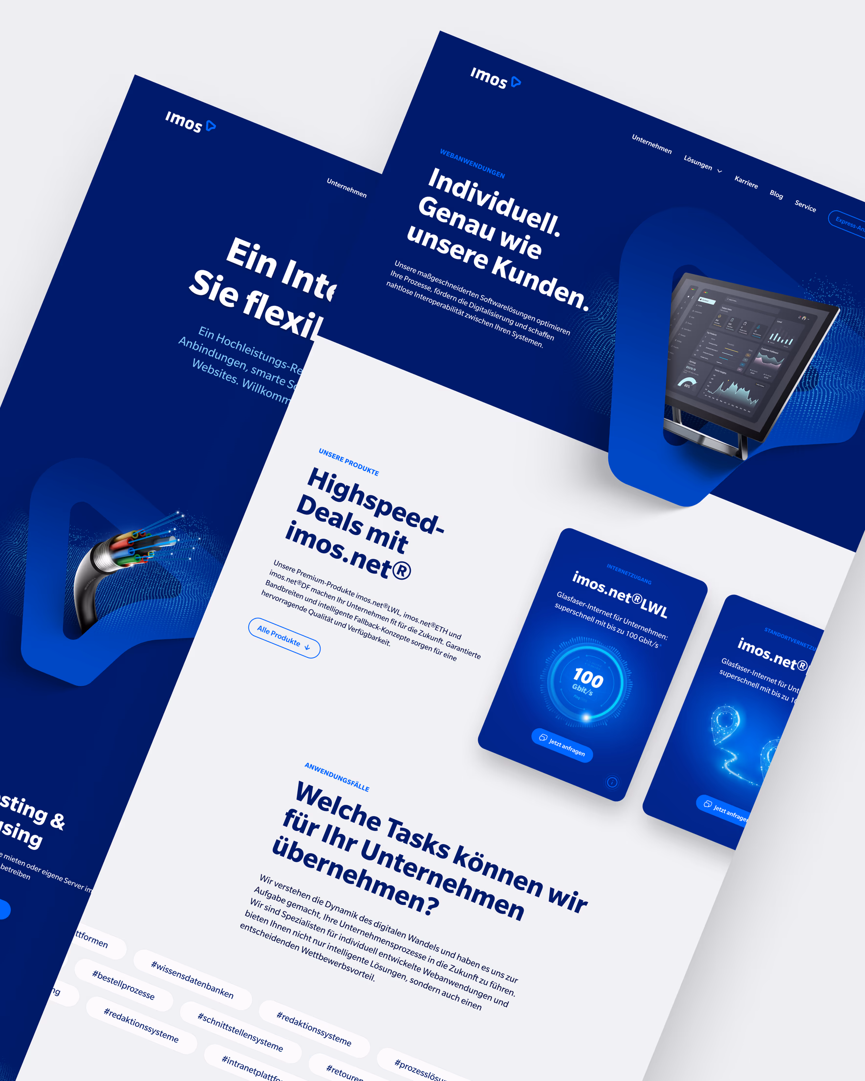 Mehrere Mockups der imos-Website mit Highspeed-Internetangeboten